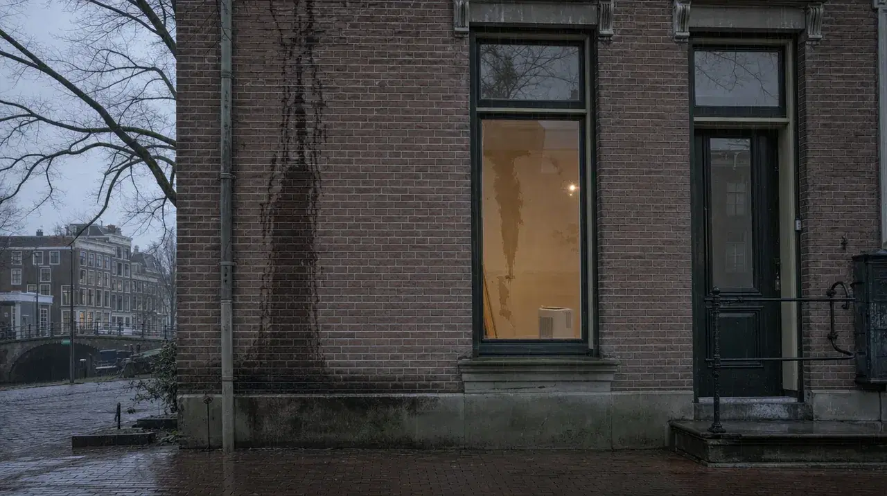 Wet brick facade in autumn rain, bare climber on the wall, warm light inside