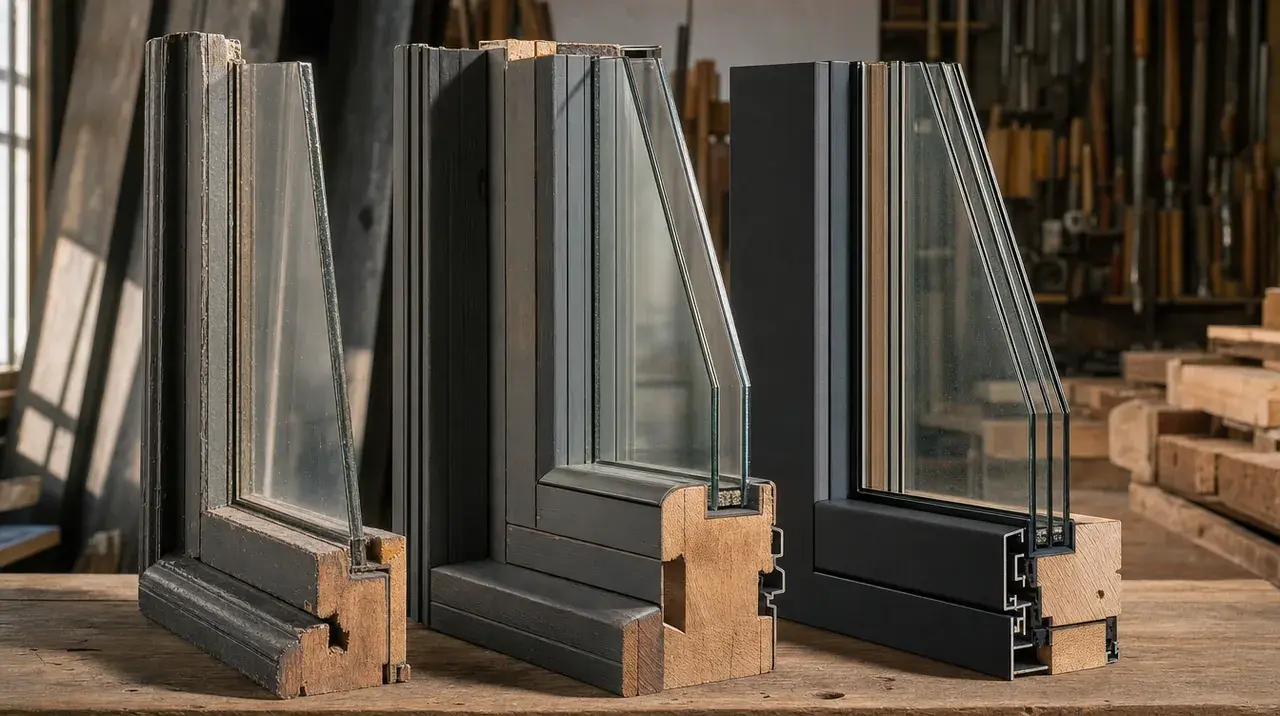 Three window frame sections on a workbench: old single glazing, modern double, and slim triple glazing