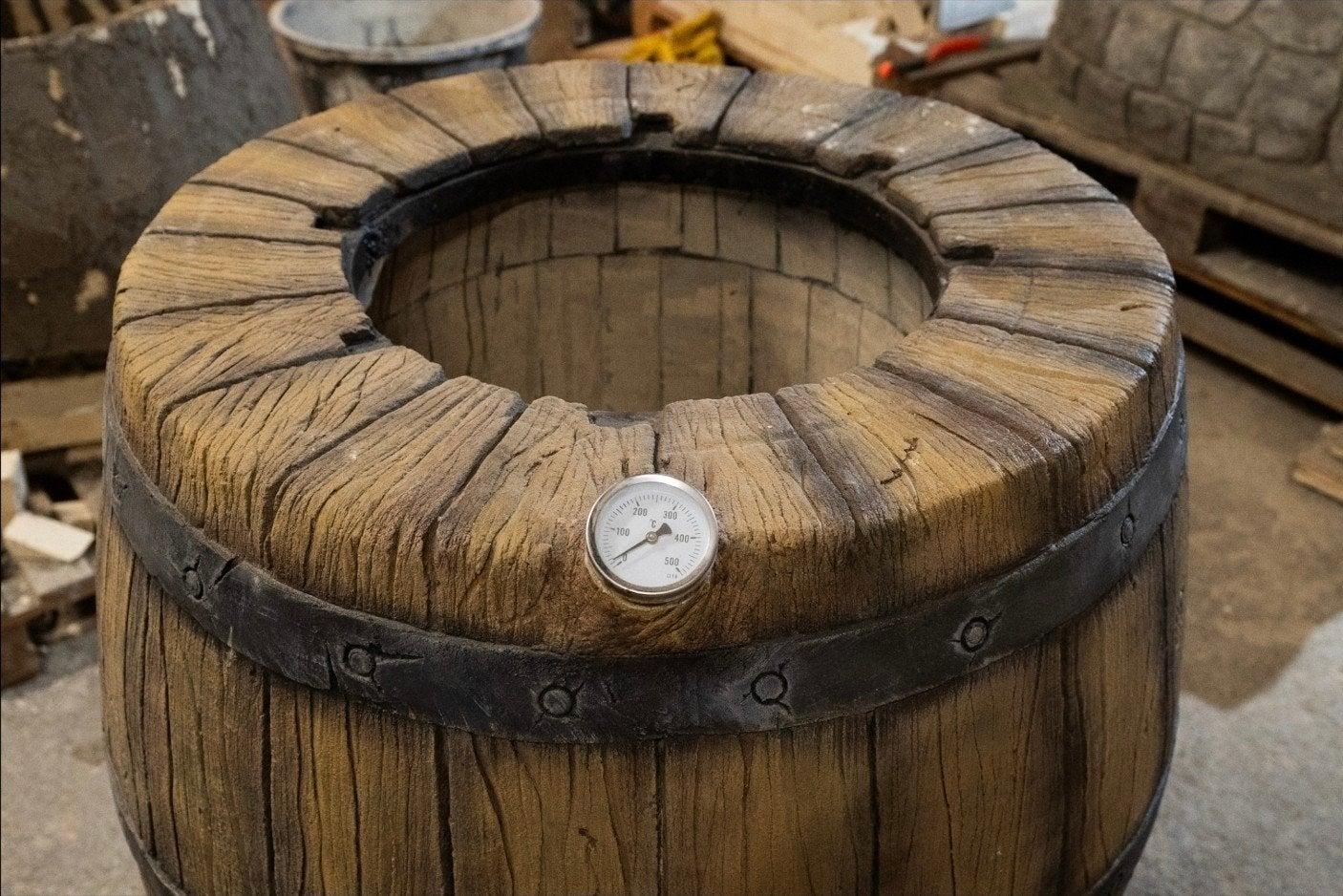 Wine-barrel style fire pit with built-in thermometer
