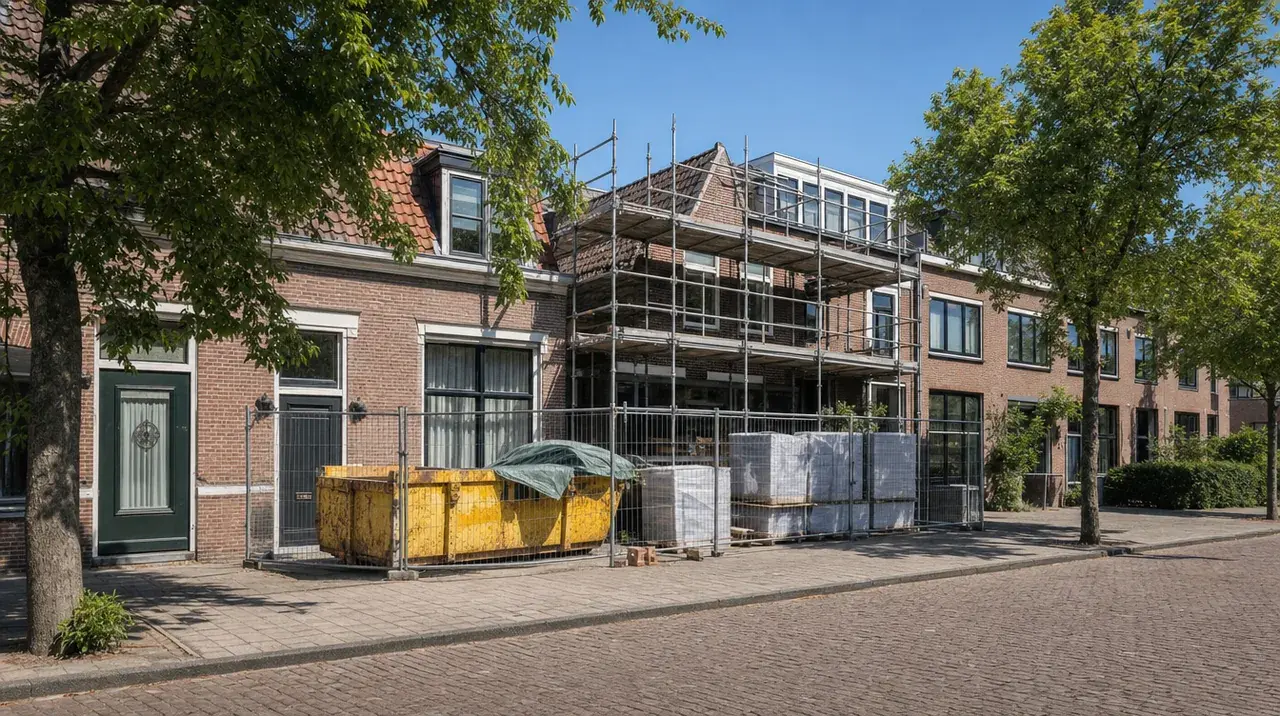 Scaffolded house on a sunny brick street, yellow skip, site fencing and stacked materials, no workers