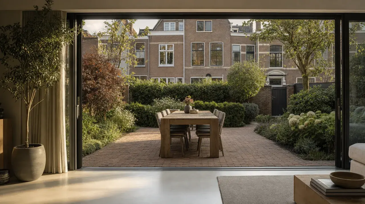Sliding glass doors opened onto a brick terrace with long wooden table, hedges and rear facades