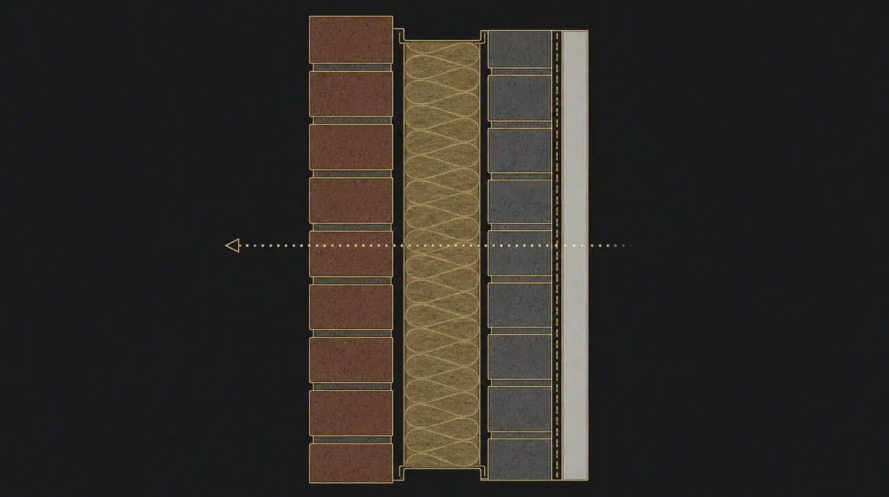 Cross-section drawing of a wall: brick outer leaf, cavity insulation, inner blockwork and plastered finish