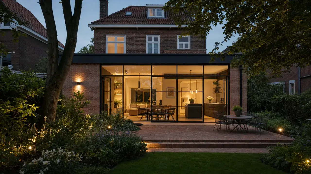 Glazed flat-roofed extension glowing at dusk behind a garden, brick terrace, lit borders and lawn