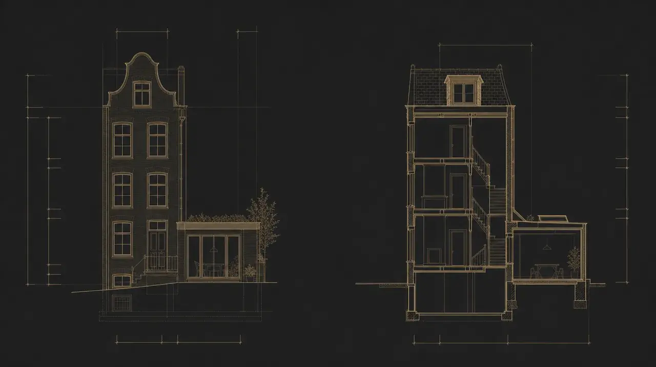 Architekturzeichnung in Goldlinien: Ansicht und Schnitt eines Grachtenhauses mit Treppe, Dachgaube und Gartenanbau