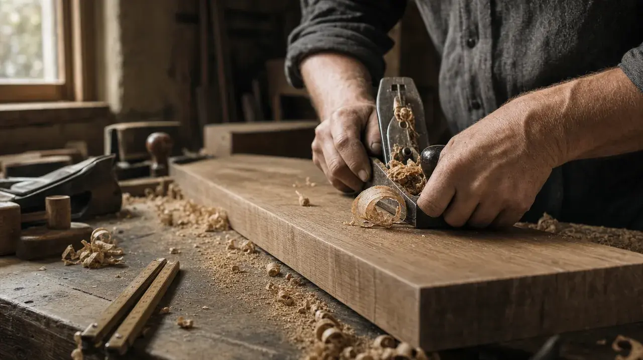 De handen van een vakman schaven een eiken plank, met houtkrullen en een duimstok op de werkbank