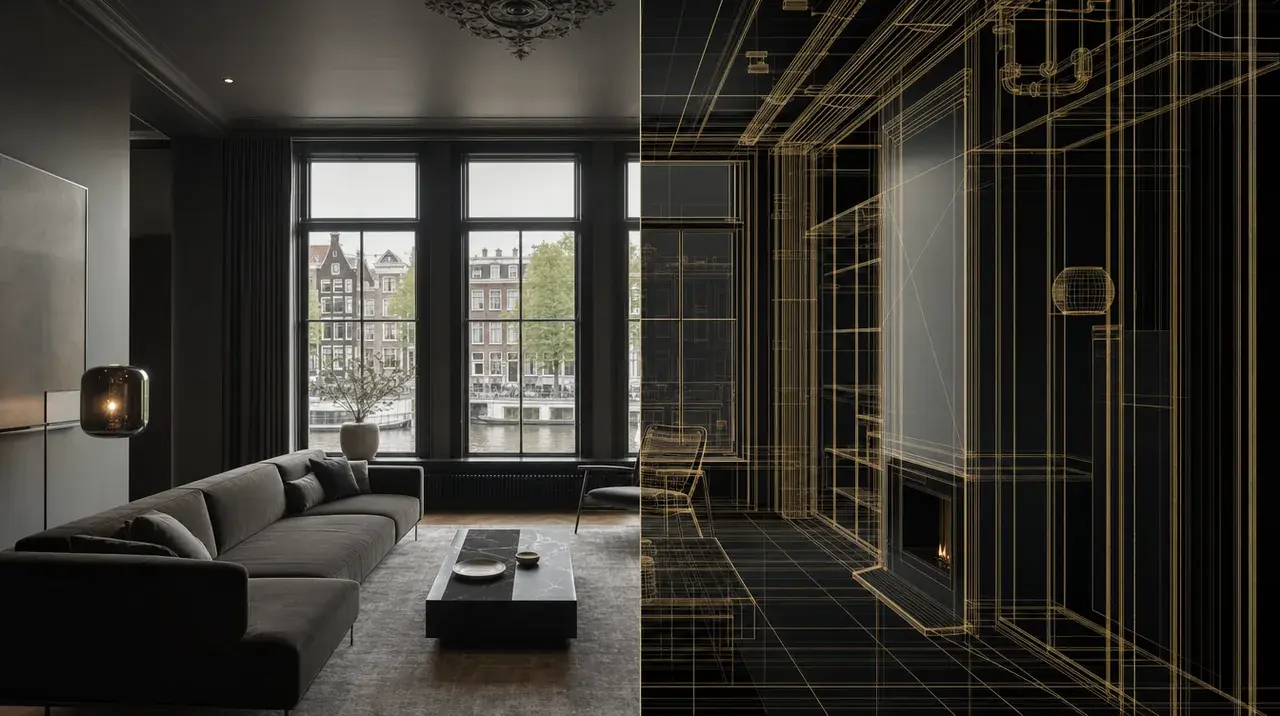 Dunkles Wohnzimmer an der Gracht, zur Hälfte fotorealistisches Rendering, zur Hälfte goldenes Drahtgittermodell desselben Raums