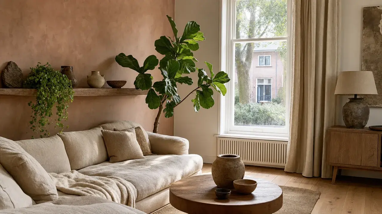 Living room in earth tones: terracotta lime-washed wall, linen sofa, fig tree and oak floor