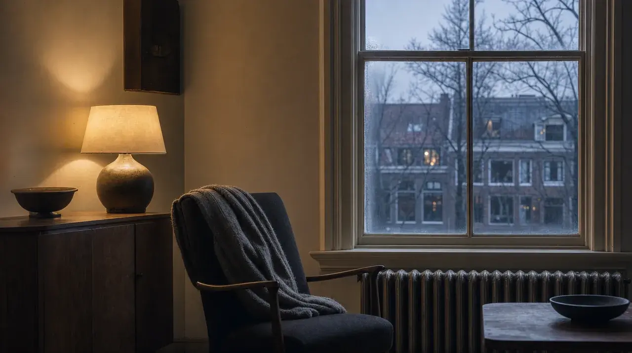 Tischlampe und Wolldecke in einem kalten Zimmer, gusseiserner Heizkörper unter einem Winterfenster