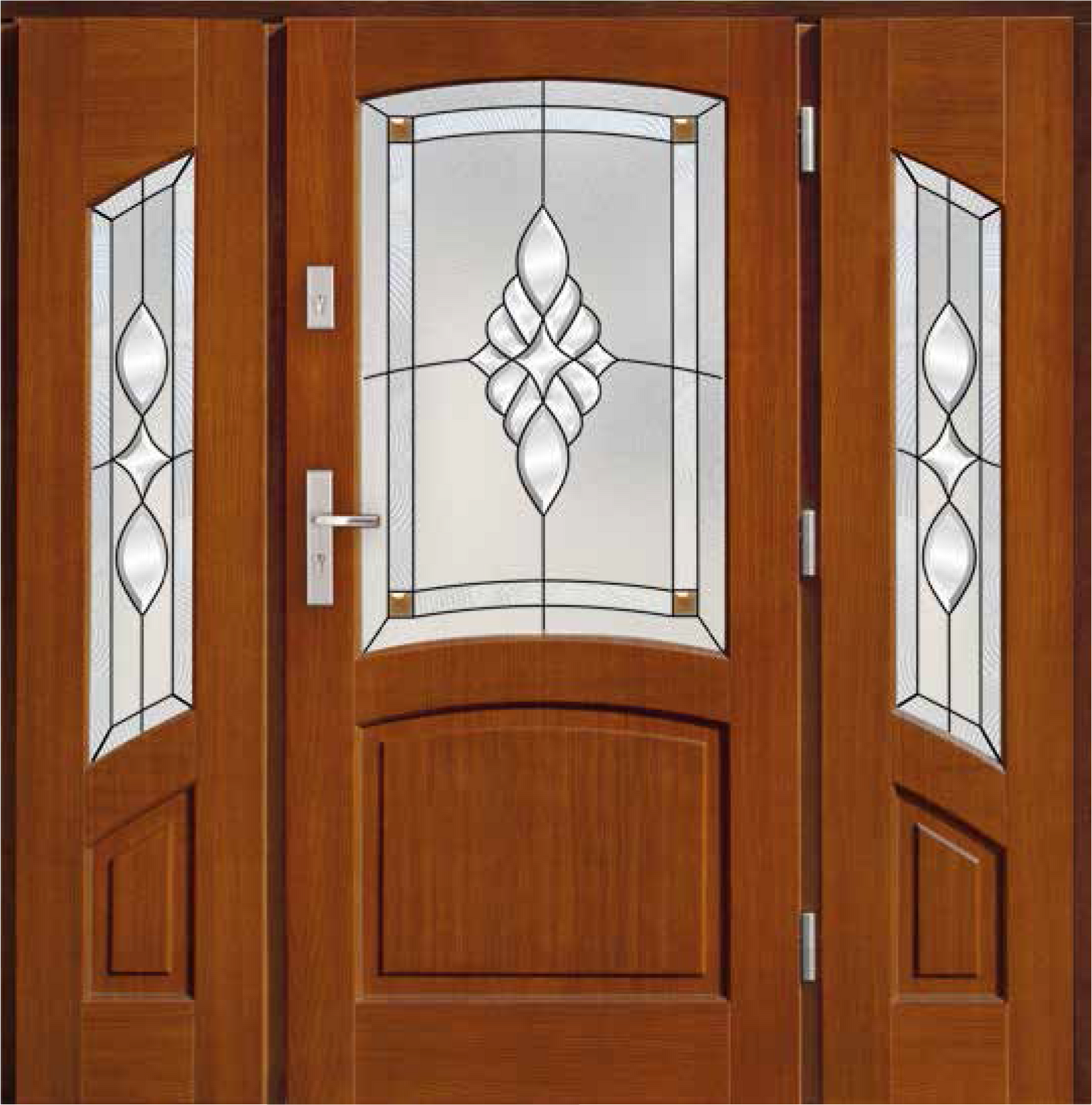 Classic wooden entrance door with decorative glazing